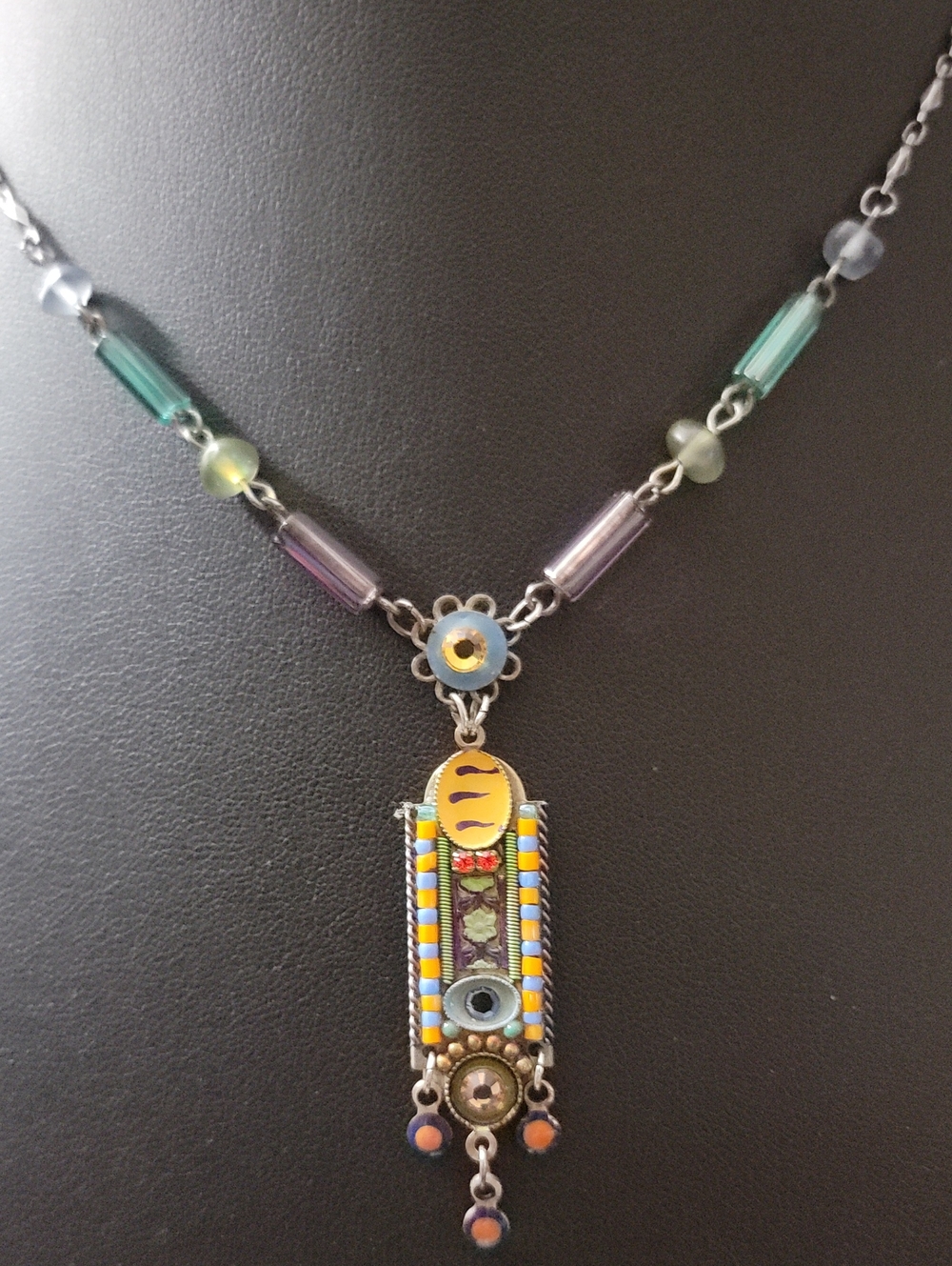 ADAYA Teal Purple Yellow Enamel Pendant Necklace